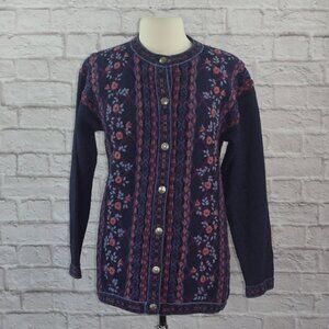 Vintage Tulchan Pure New Wool Floral Intarsia Knit Cardigan Sweater